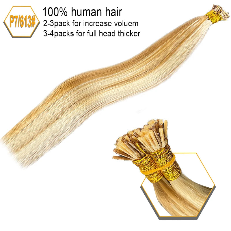 100% Human Hair Straight I Tip Hair Extensions Natural Real Human Fusion Hair Extensions Keratin Capsule Brown 613 Blonde Color