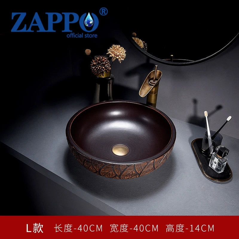 ZAPPO Round Vessel Sink with Faucet Drain JinDezhen Ceramic Vessel Sinks Oval Bathroom Sink Bowl Above Counter with Mixer Tap