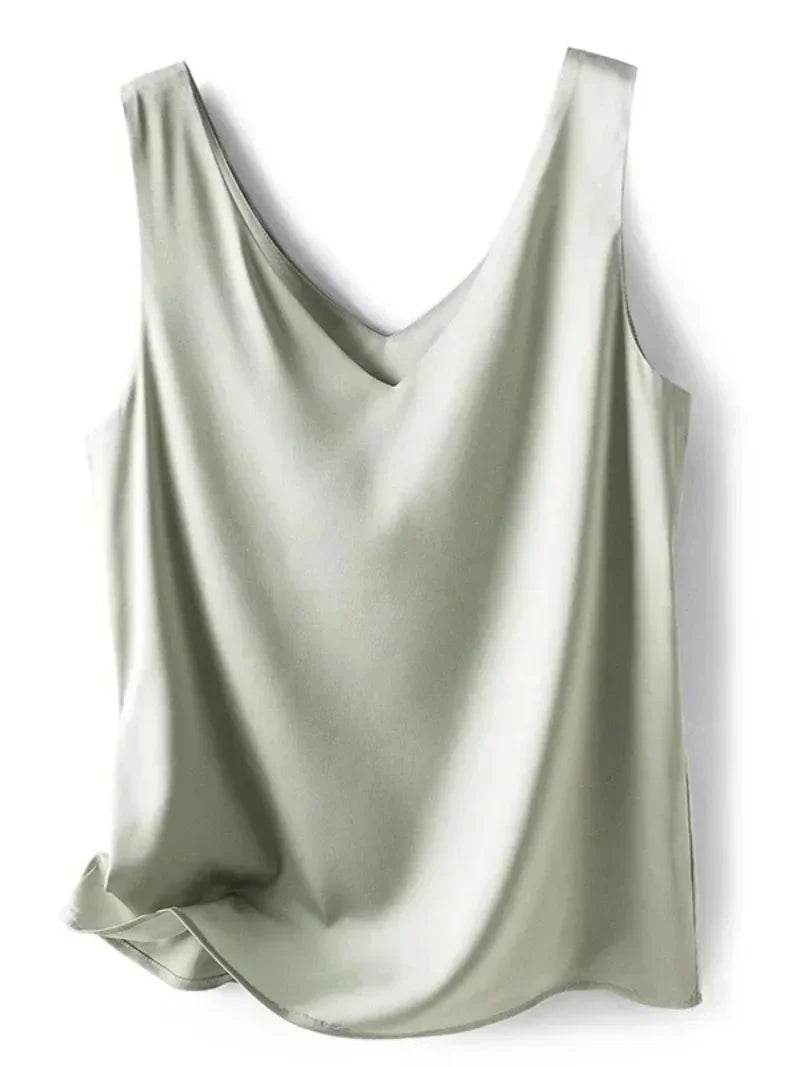 Woman T-shirts Elegant SILK Satin Blouse Sleeveless Female Summer 2025 Casual Loose Tanks and Camis Solid Green Tops for Women - AIAZ
