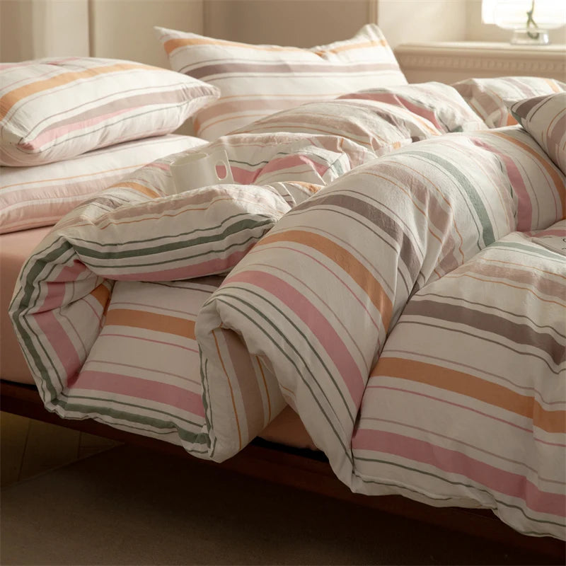 Striped Duvet Cover Set Queen 100% Washed Cotton Bedding Set, Luxury Soft Pink Vertical Ticking Stripes Comforter Cover, (3pcs)