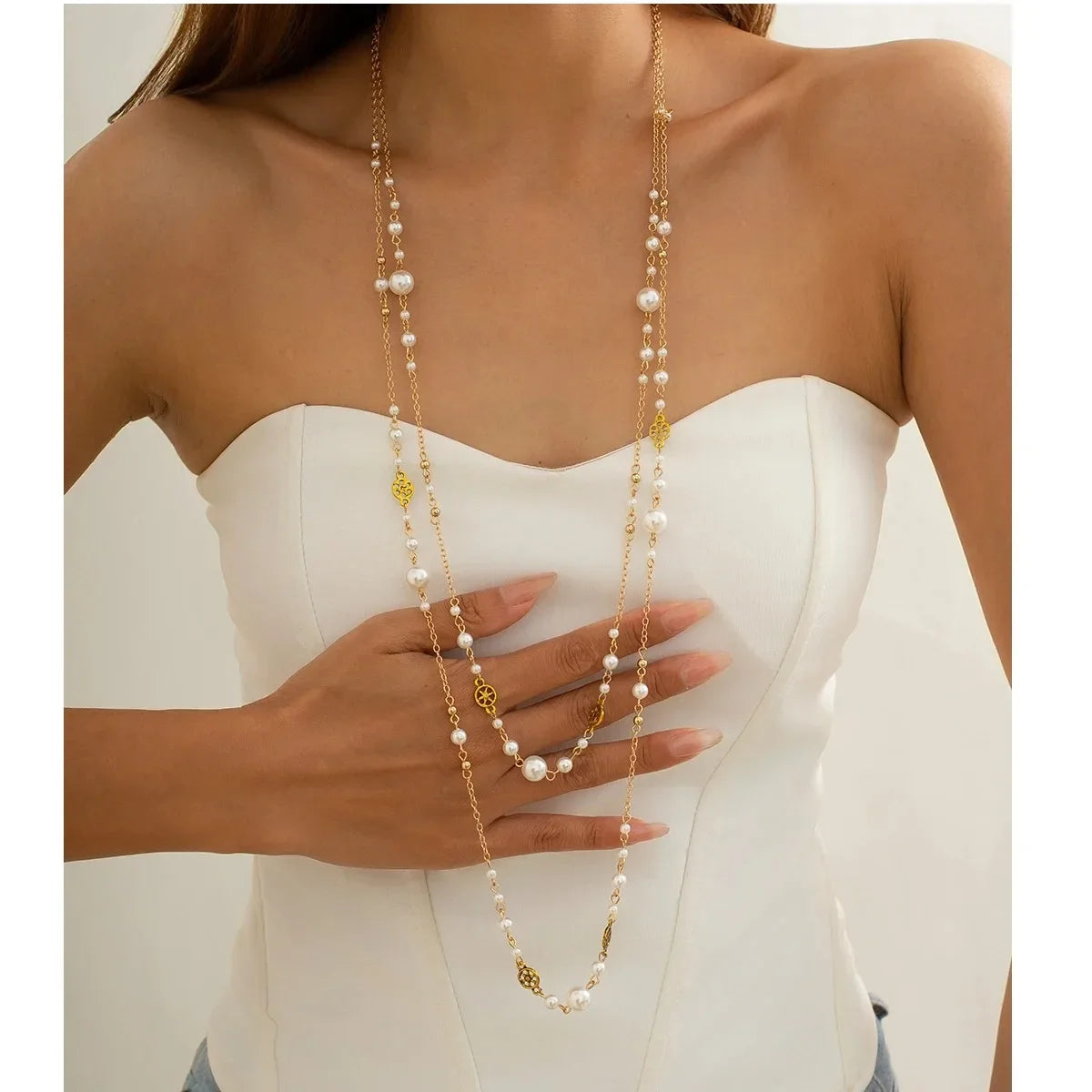 2Pcs/Set Hot Sale Temperament Imitation Pearl Long Chain Necklace for Women Fashion Statement Goth Sweather Link Neck Jewelry