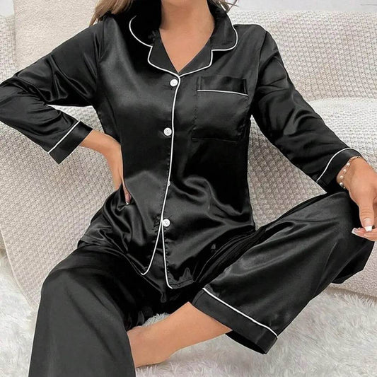 Women Two-piece Pajama Set Classic Design Sleepwear Elegant Women's Silk Pyjama Set with Long Sleeve Button Top Elastic for Home - AIAZ