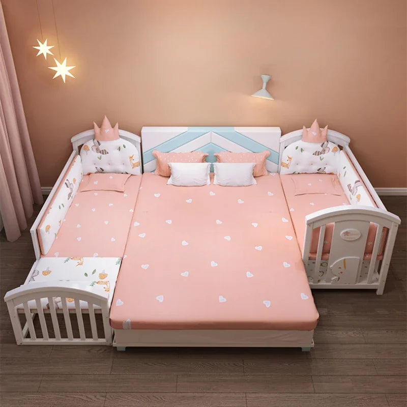 Solid wood spliced crib Multifunctional European style children's bed Movable newborn cradle large bed Baby Rest Chair