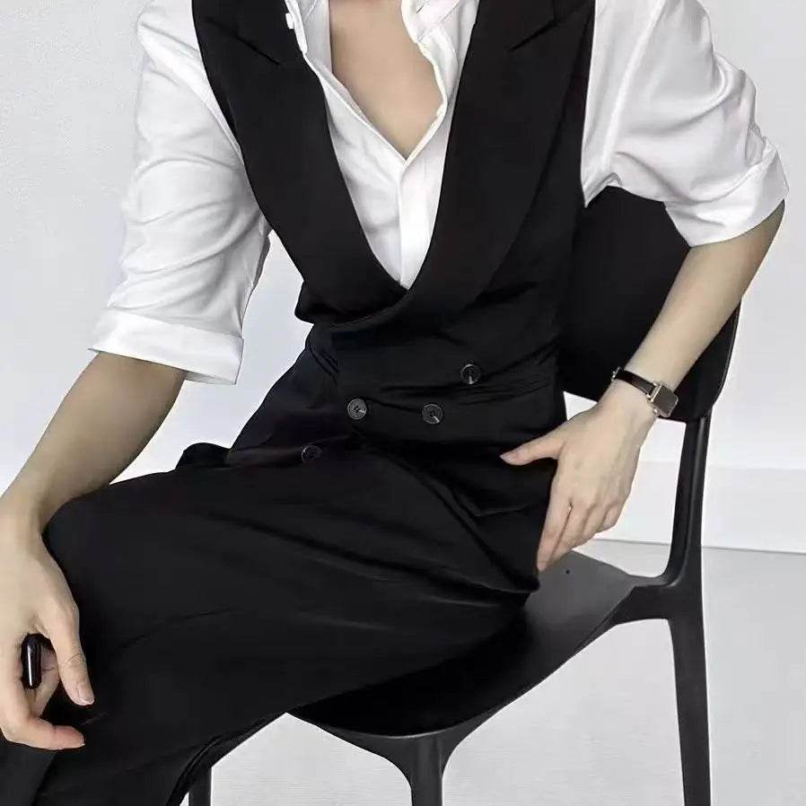 Black suit vest, cool stylish, unisex, high-end, gun collar, slim fit vest for women tank top ropa de hombre sleeveless top - AIAZ