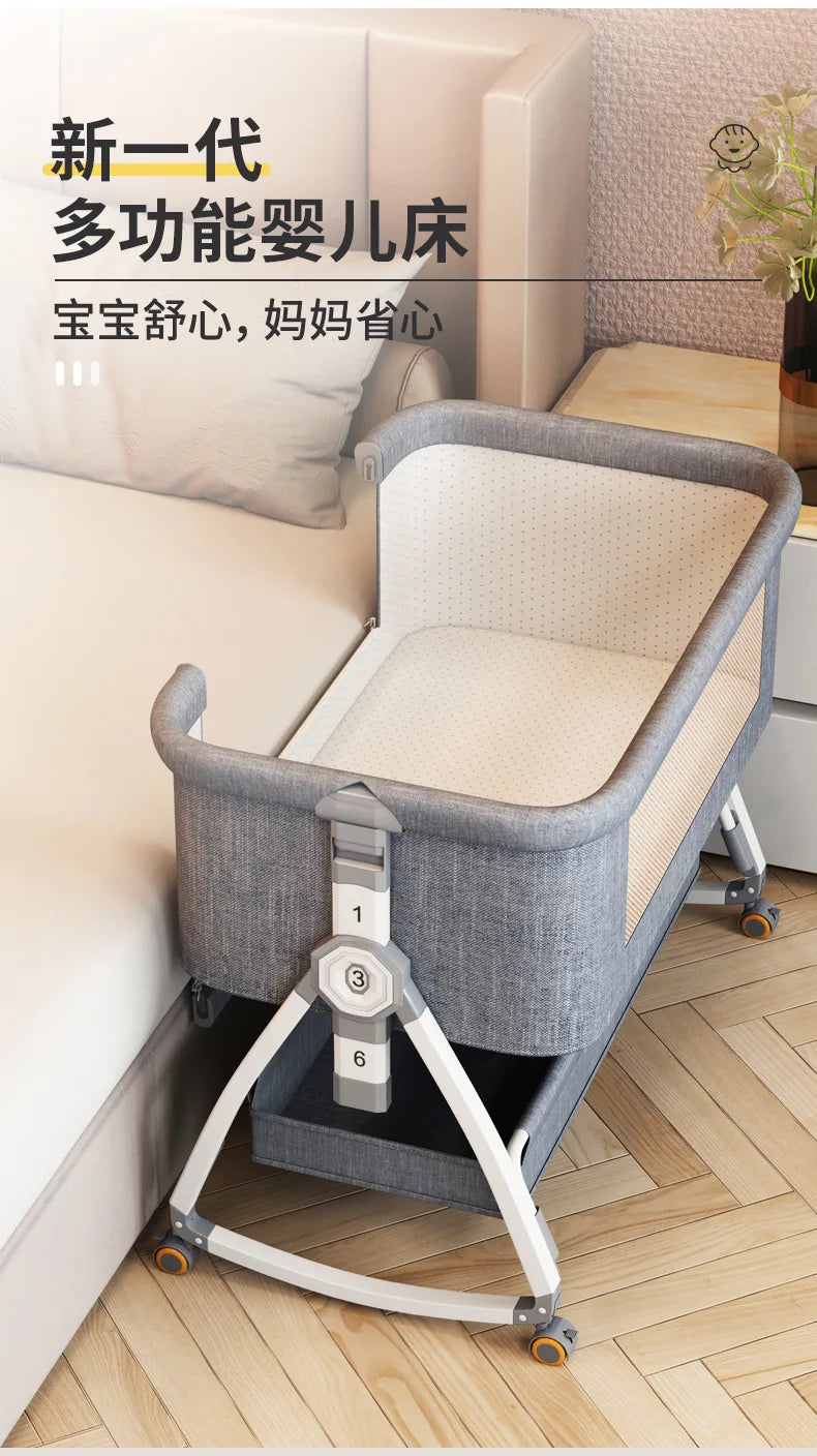 Crib Movable Multi-Function Folding Height Adjustment Splicing Queen Bed Baby Bassinet Newborn Baby Bed Anti-Overflow
