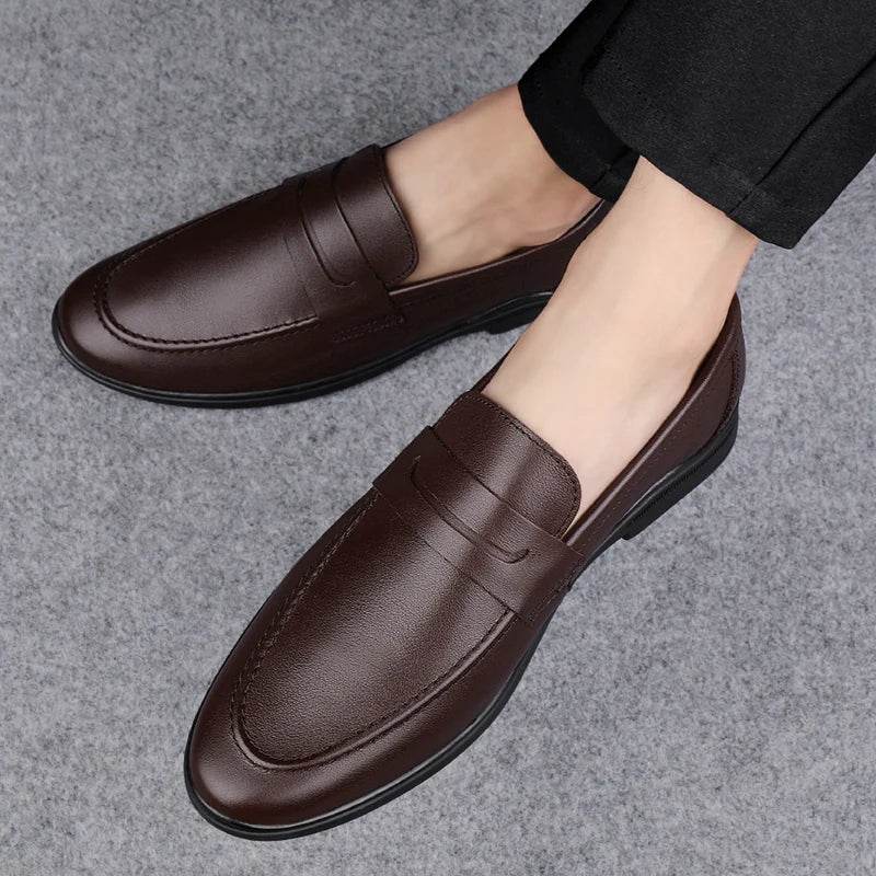 Classics Men's Brown Business Officially Shoes Leather Wedding Party Shoes for Men Quality Loafers Genuine Leather Pointed Shoes - AIAZ