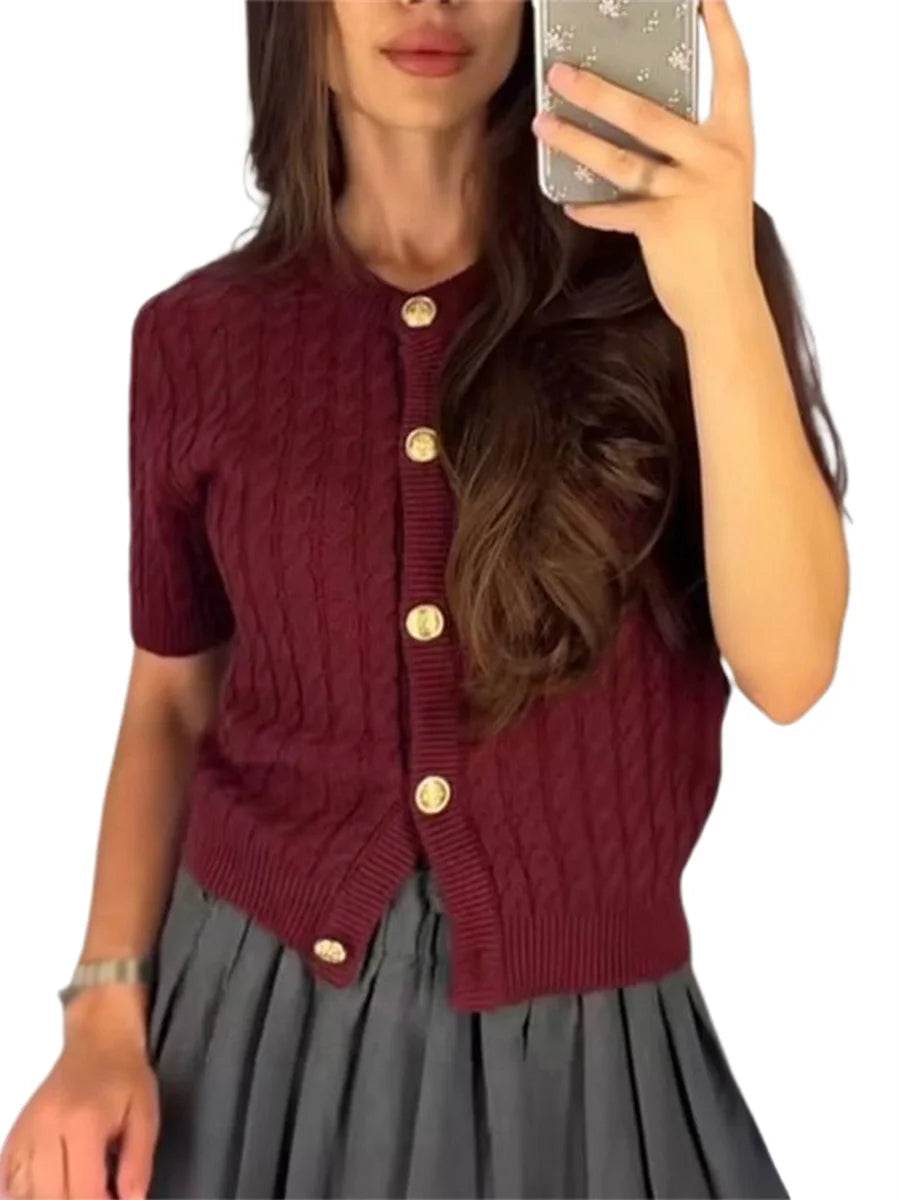 Women's Cable Knit Cardigan Solid Color Round Neck Short Sleeve Button-front Closure Crop Sweaters - AIAZ
