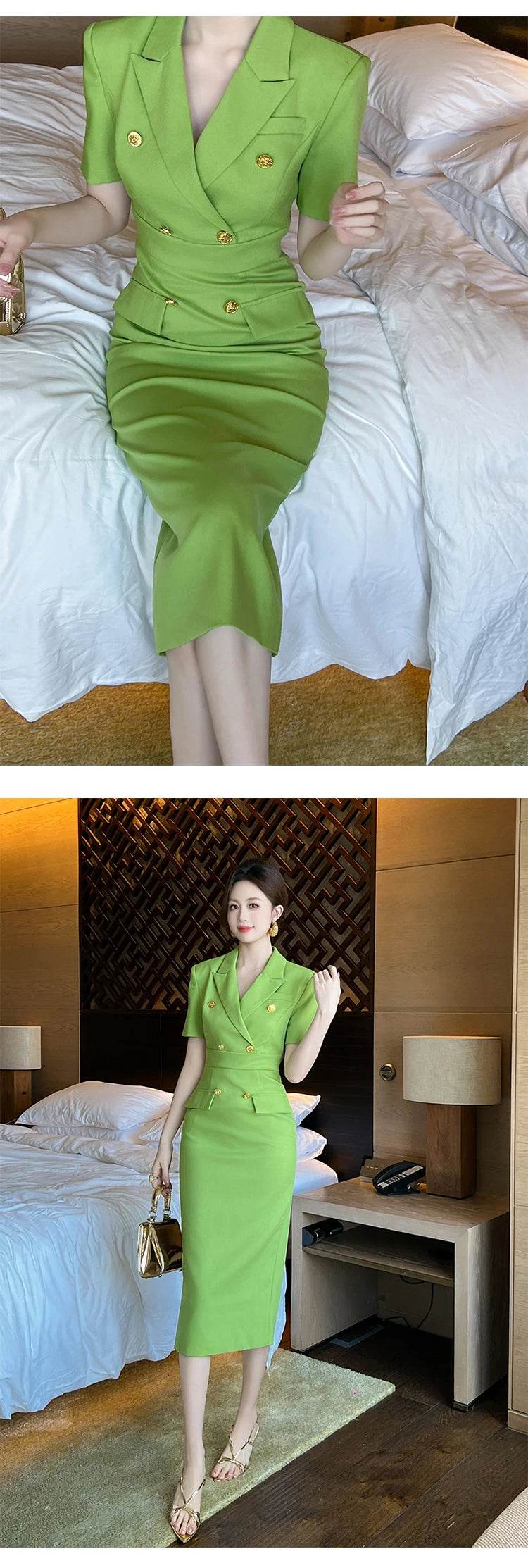 Elegant Office Lady Classic Business Formal Pencil Dress Women Clothes Blazer Commute Short Sleeve High Waist Slim Midi Vestidos - AIAZ