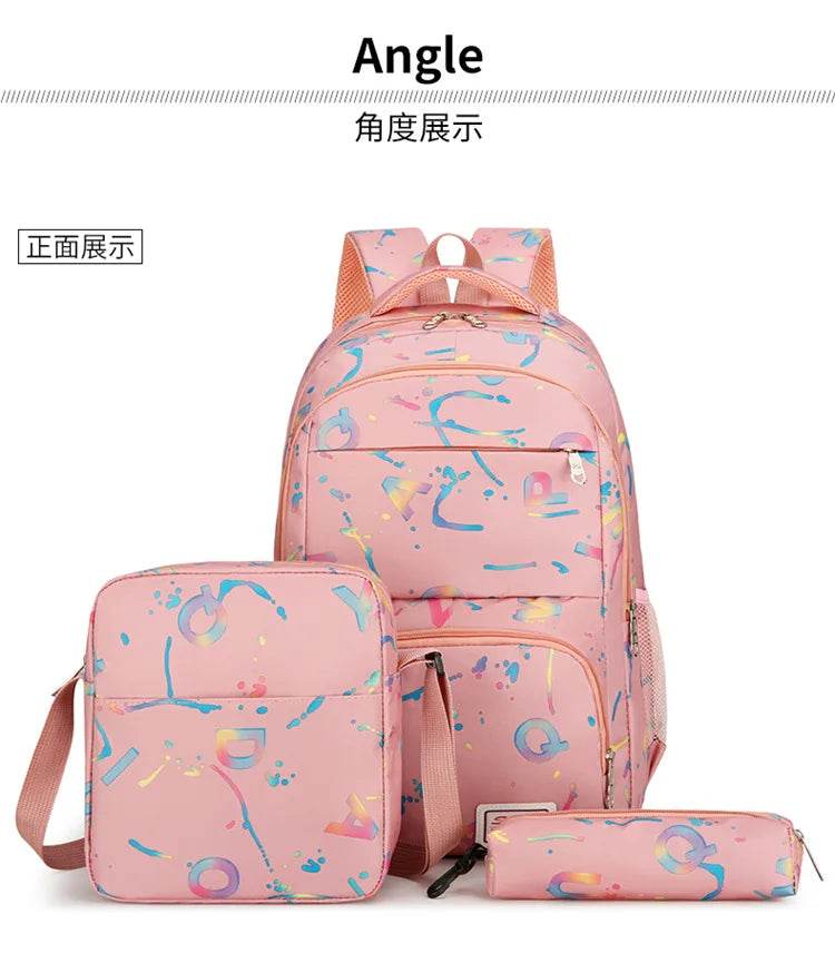 Three piece set of large capacity school backpack versatile letter printed casual backpacks junior high school student schoolbag - AIAZ