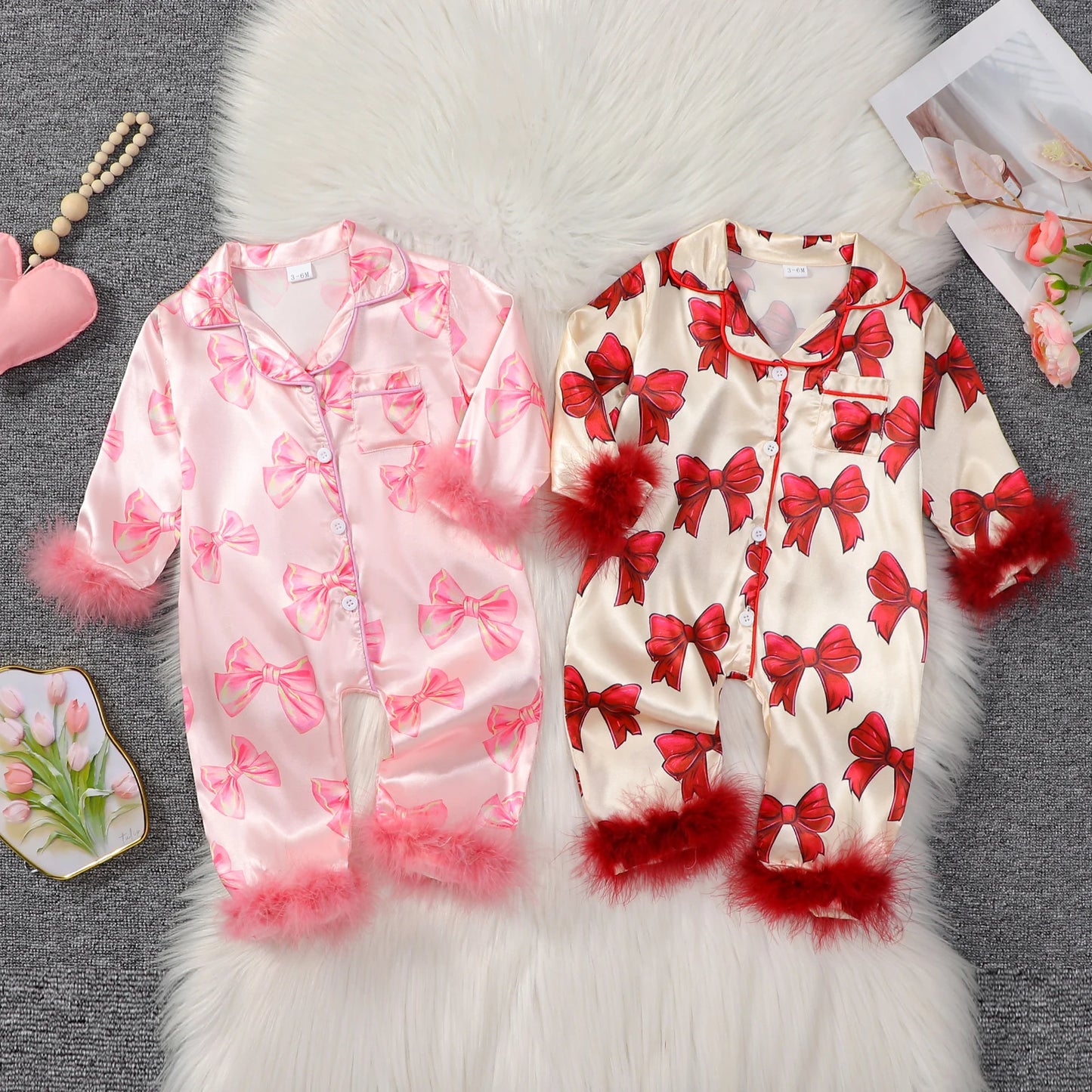MISOWMNJOY Satin Baby Girls Pajamas Spring Long Sleeve Bow Print Furry Patchwork Button Closure Jumpsuit Sleepwear Loungewear