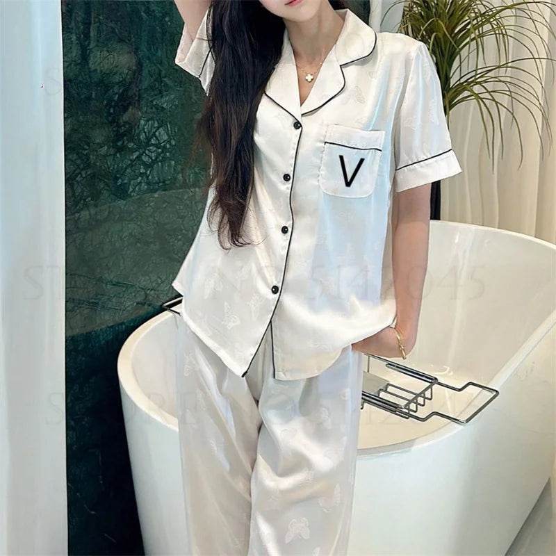 Summer Short Sleeve Pajamas Set Trouser Suits Women Sleepwear Elegant Pink Jacquard Butterfly Pyjama Pour Femme Satin Homewear - AIAZ