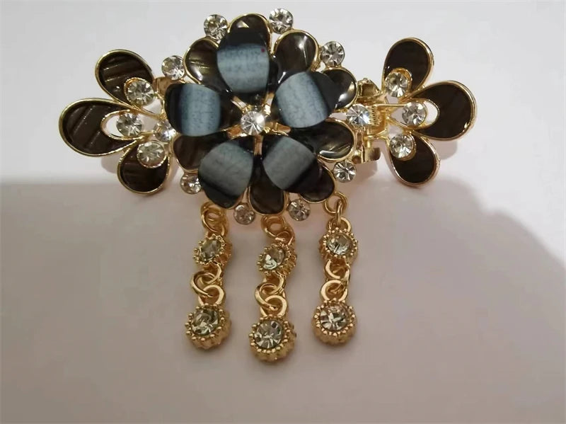 Red Crystal Flower Bow Spring Hairpin Vintage Ink Blue Rhinestone Horizontal Clip Top Clip Elegant Mom Fashion Hairpin Korean