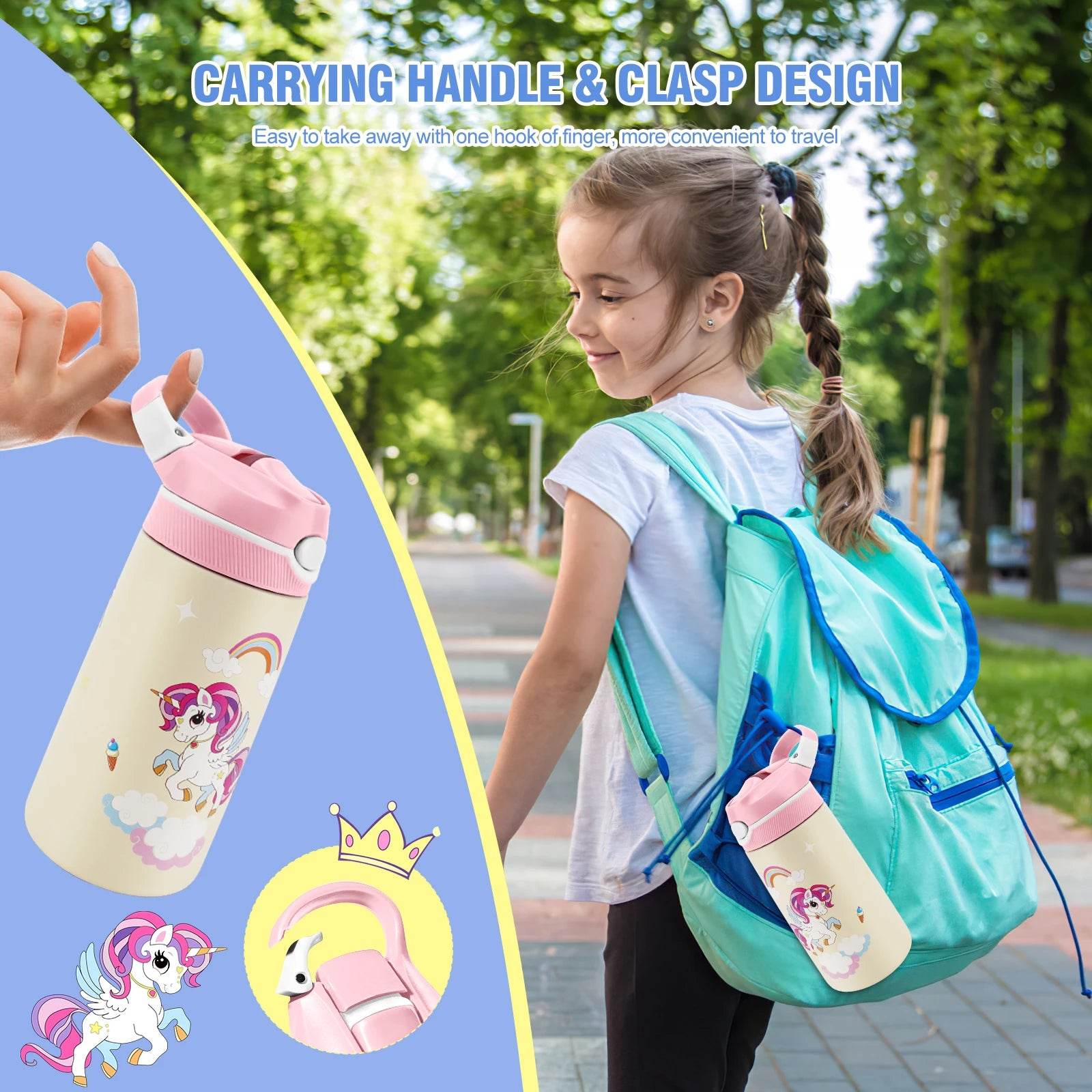 400ML Water Bottle for Children,Thermos With Cute Pattern,Children Thermal Bottle , School Kids Water Bottle With Straw BPA Free - AIAZ