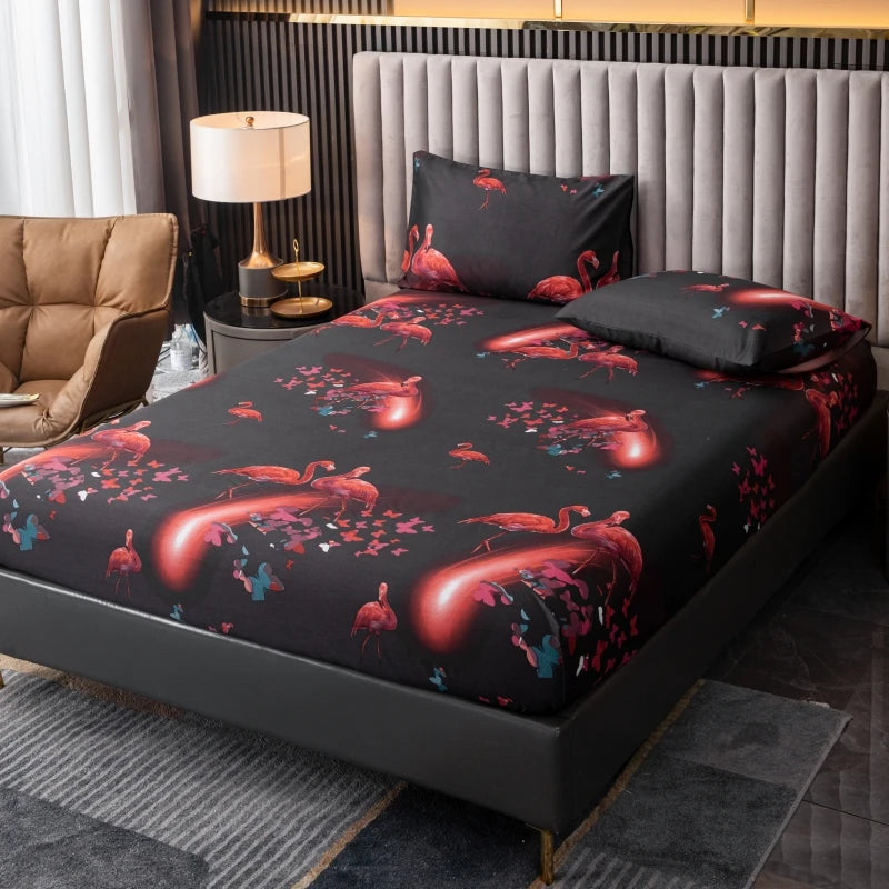 100% Polyester 3pcs Printed Sanding Fitted Sheet and pillowcases Set Elastic Band Around Mattress Cover King Size Bed Cover