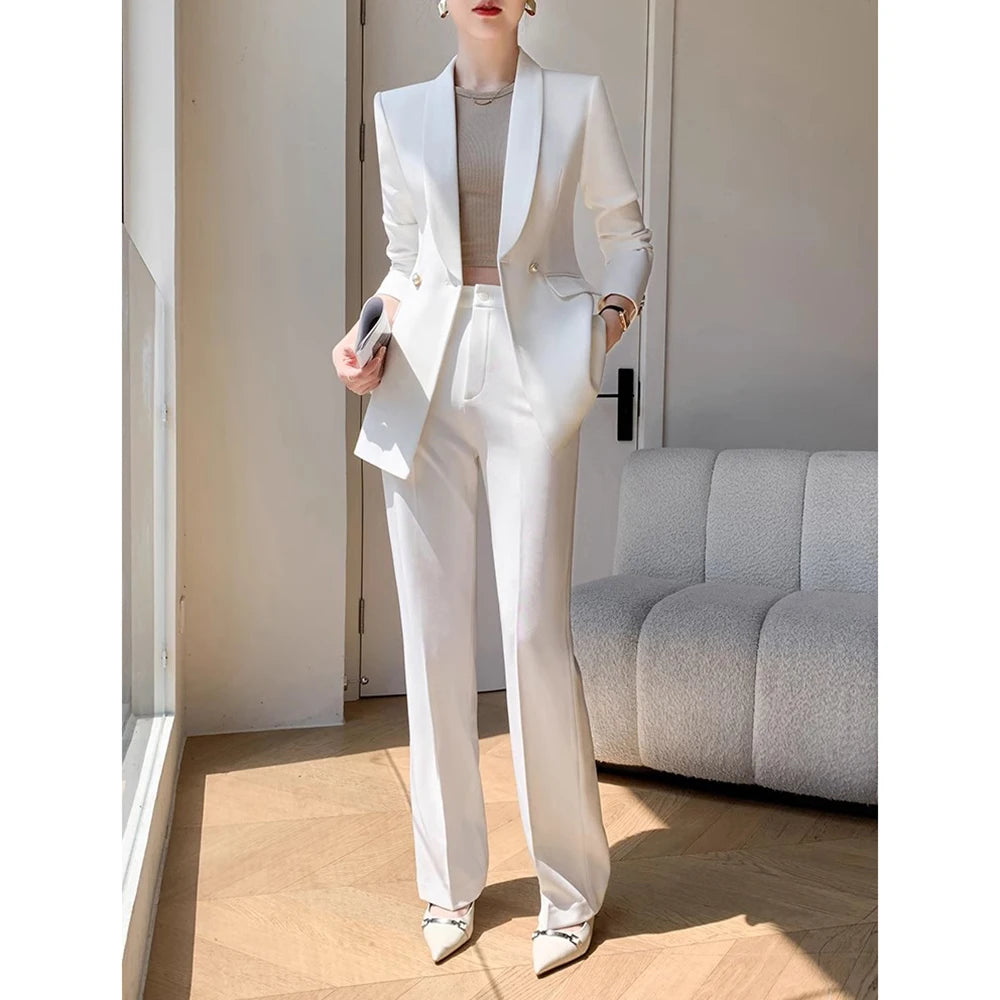 Solid White Suit Women 2025 New Spring Autumn Flares Pants High-Grade Slimming Business Clothing Sets Formal Suits Overalls