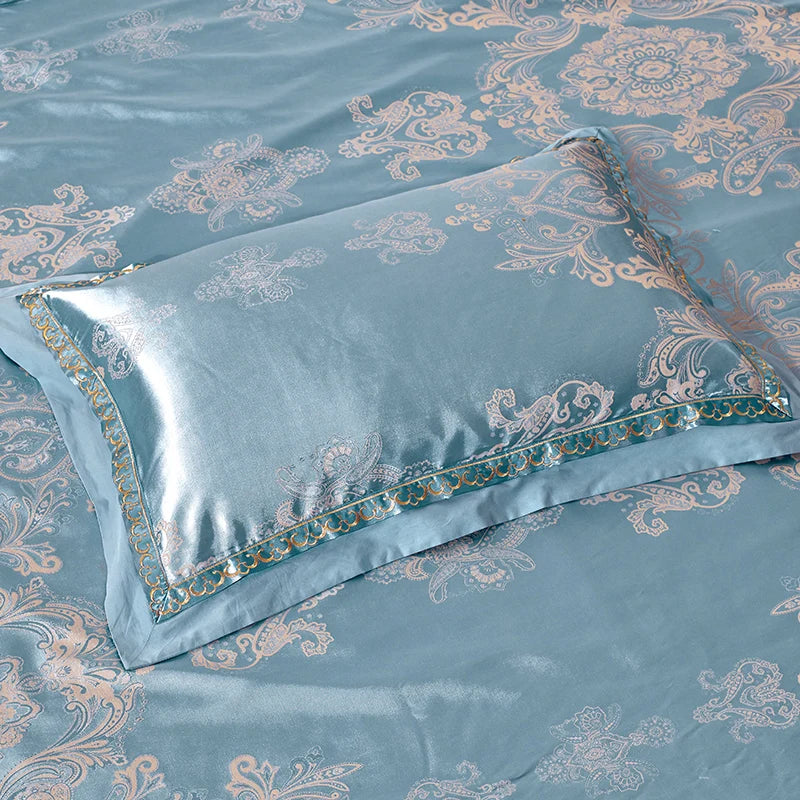 Sliver Gold Luxury Silk Satin Jacquard duvet cover bedding set queen king size Embroidery bed set bed sheet/Fitted sheet set
