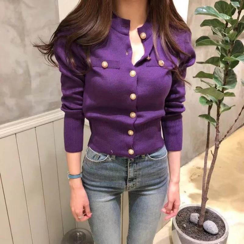 Women's Cardigan Sweater Decorative Pocket Button Solid Color Knitted Single-Breasted Jacket Women's Clothing - AIAZ