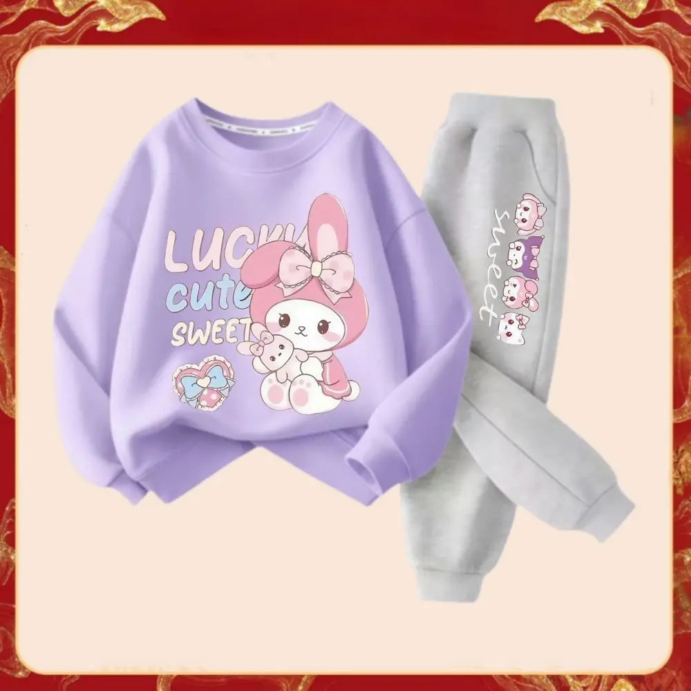 Spring Autumn Children's Sanrio Melody Print Clothes Sets Kids Kawaii Sweatershirts Pullover Tops & Pants 2Pcs Outfit Tracksuit