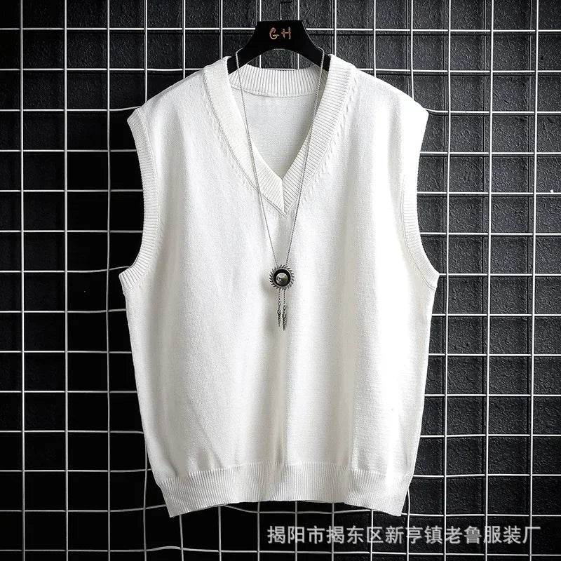 Autumn and Winter Sweater Vest, White Loose Solid Color Thin Waistcoat Casual Waistcoat - AIAZ