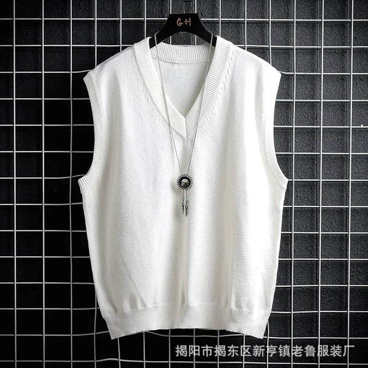 Autumn and Winter Sweater Vest, White Loose Solid Color Thin Waistcoat Casual Waistcoat - AIAZ