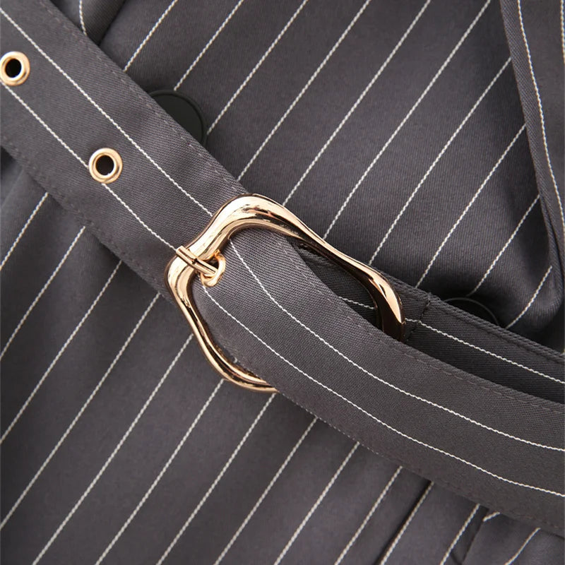 KEYANKETIAN Spring/Autumn New Women's Irregular Design Gray Striped Suit Outerwear Office Lady With Belt Slim Mid-length Coat