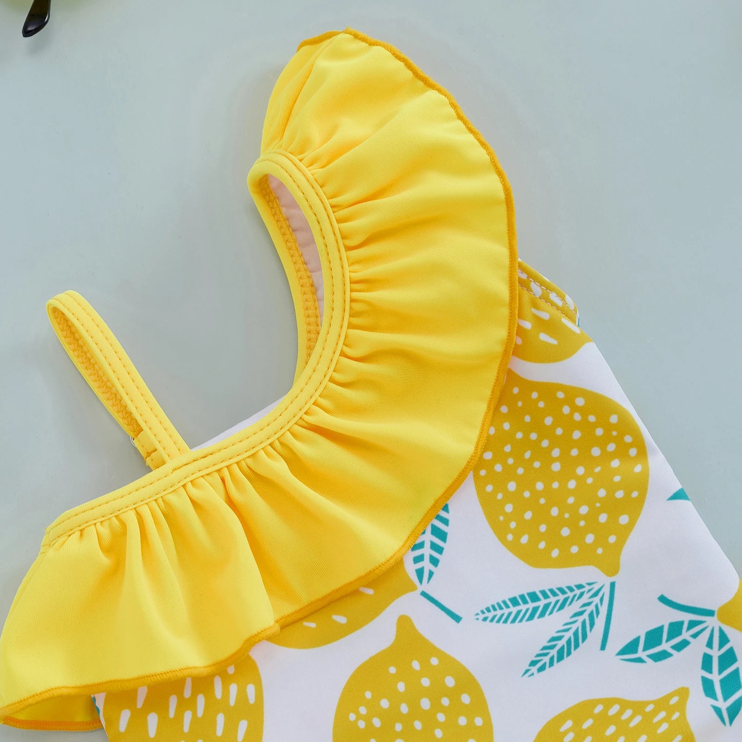 BeQeuewll Children Girl Summer Swimsuit Beach Wear Ruffle Sleeveless One Shoulder Lemon Print Baby Bathing Suit Infant Swimwear