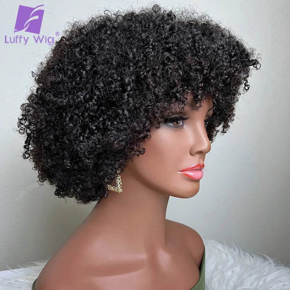 Short Pixie Cut Human Hair Wig With Bangs Brazilian Remy Afro Kinky Curly Bob Wig 180 Density Glueless For Black Women LuffY - AIAZ