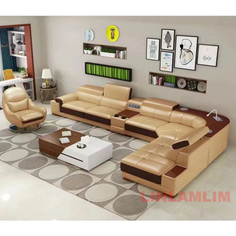 MINGDIBAO Modern Minimalist Genuine Leather Sectional Sofa with Console, Storage and Speaker Italian Leather Living Room Couch