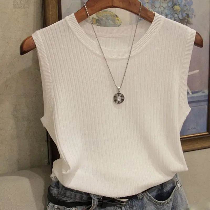 2025 Summer New Fashion Knitted Vests O-neck Sleeveless Casual Thin Tops Sleeveless Blouse Women Shirt - AIAZ