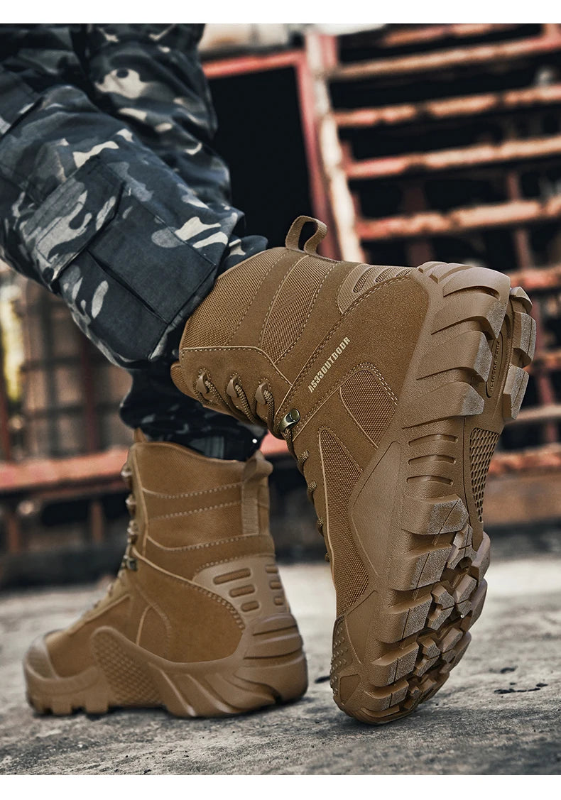 Outdoor Hiking Shoes Men Casual Combat Boots Men Breathable Wear-resistant Anti-slip Flat Comfortable High-top Boots Men