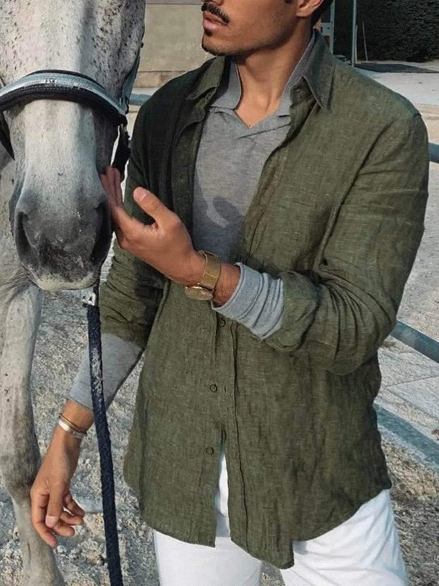 Men's casual fashion solid color thin long-sleeved shirt, lapel cardigan, suitable for outdoor activities - AIAZ