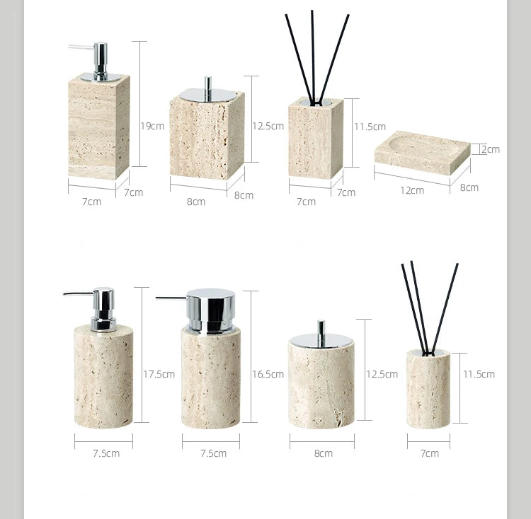 Beige Travertine Bathroom Accessories Set Natural Marble Soap Dispenser Soap Dish Reed Diffuser Vanity Tray Bathroom Set