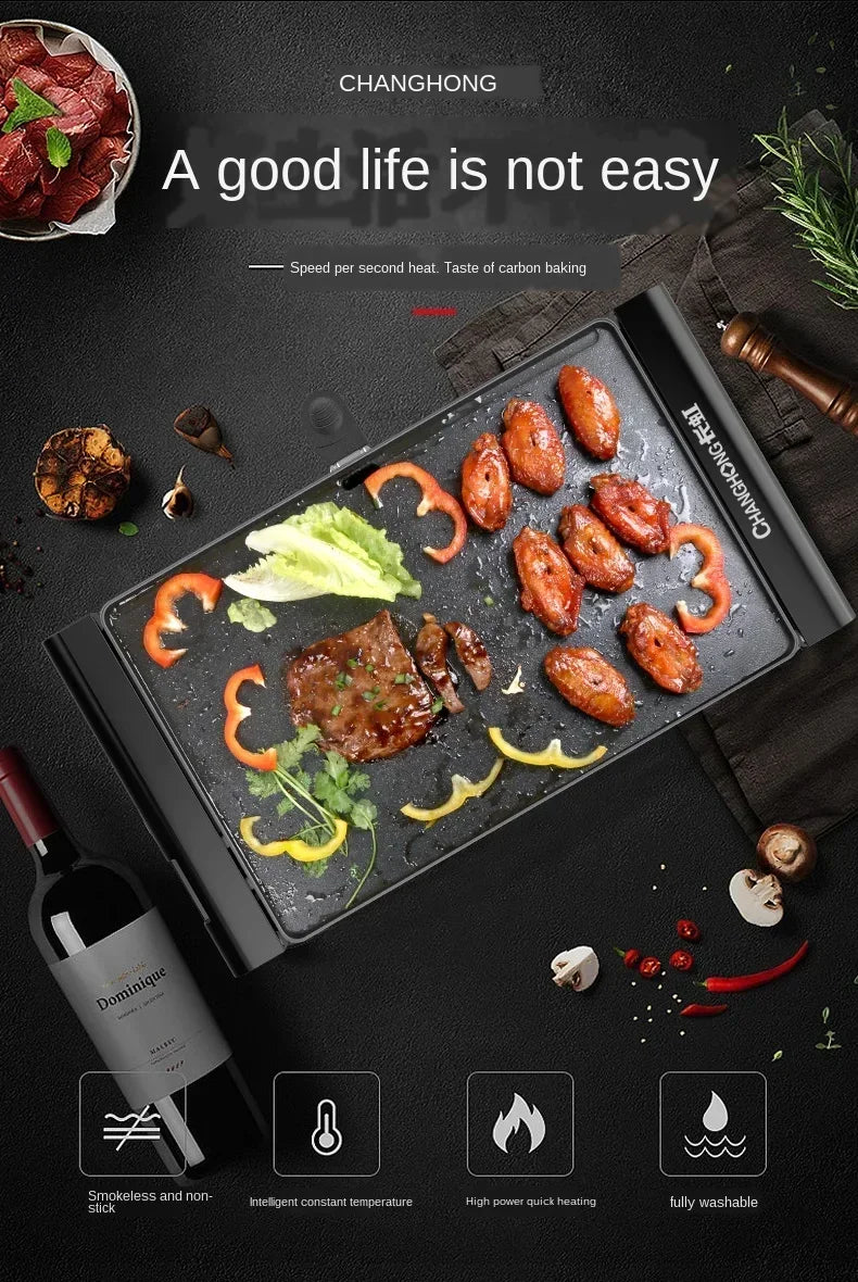 220V Korean Style Non-Stick Electric Grill Pan for Smokeless BBQ, Hotpot and Griddle Cooking at Home A