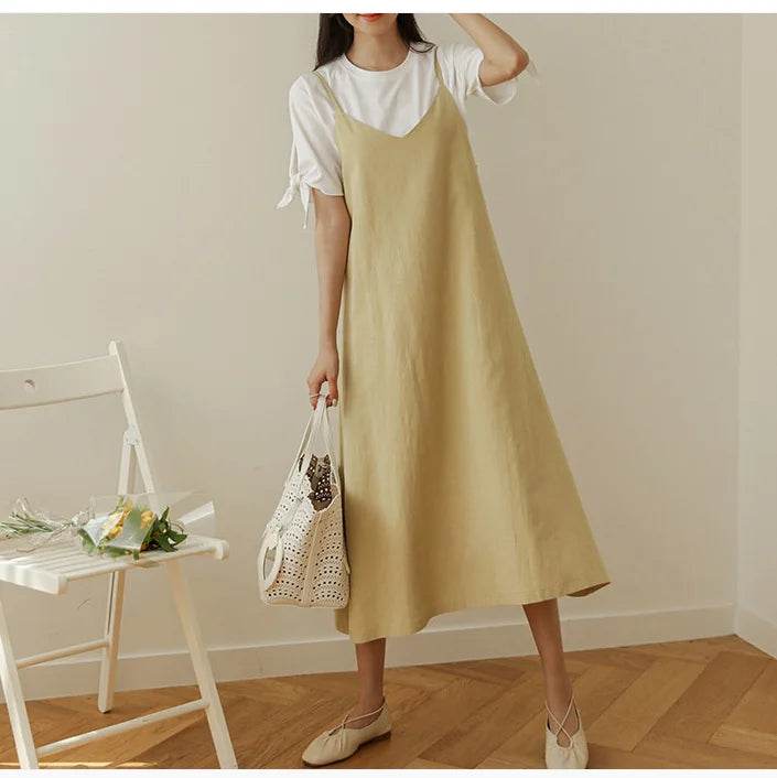 Dresses for Women 2025 Loose Elegant Dress Woman Sexy Sleeveless Spaghetti Strap Pockets Cotton Off The Shoulder Dress KE1409 - AIAZ