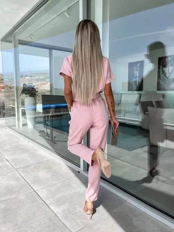 Jumpsuit Women 2023 Solid Color Short Sleeve V-neck Pocket Lace-up Pencil Long Pants Jumpsuits Summer Outfits Bodysuits - AIAZ