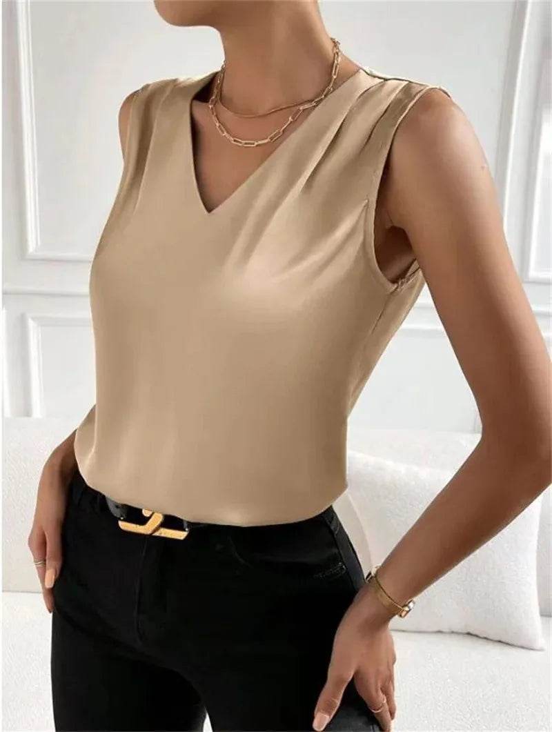 Women's vest elegant temperament V-neck vest summer vacation simple solid color fashion all-matching sleeveless top - AIAZ