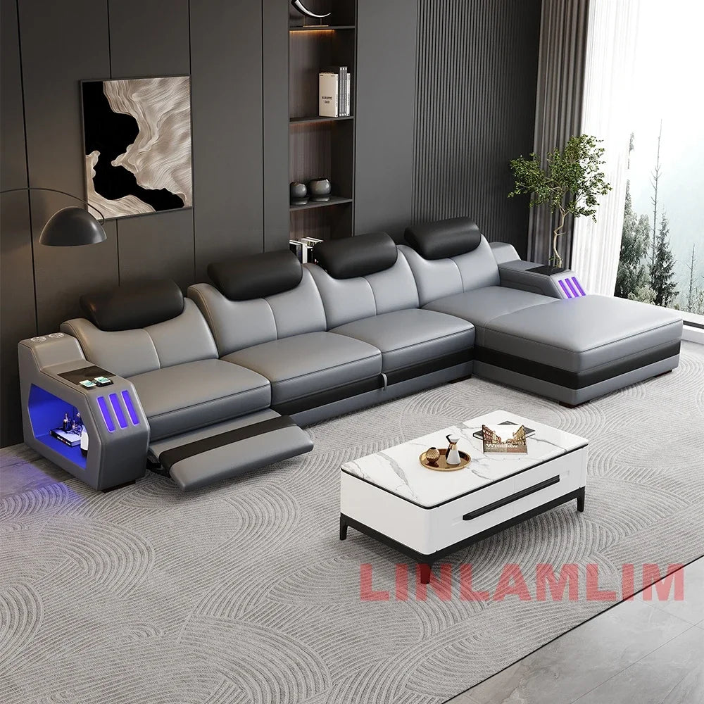 Modern L-Shaped Sectional Sofa Bed with Adjustable Headrests & LED Lights, Genuine Leather Recliner Couch with Storage & USB