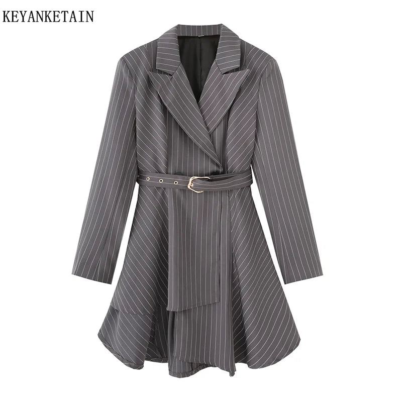 KEYANKETIAN Spring/Autumn New Women's Irregular Design Gray Striped Suit Outerwear Office Lady With Belt Slim Mid-length Coat
