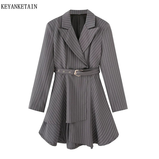 KEYANKETIAN Spring/Autumn New Women's Irregular Design Gray Striped Suit Outerwear Office Lady With Belt Slim Mid-length Coat
