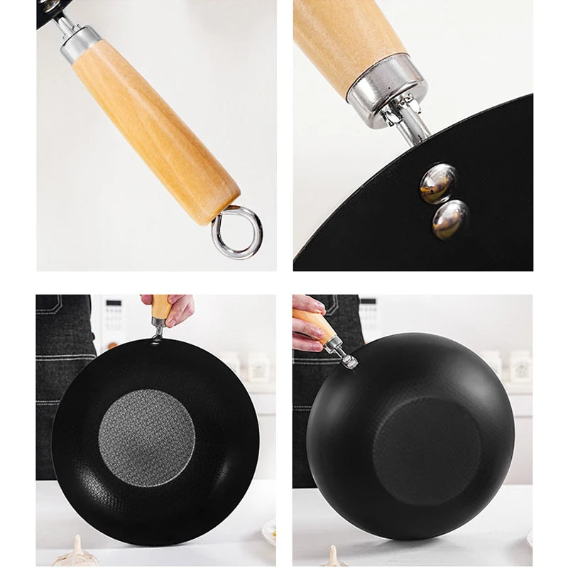 Carbon Steel Mini Wok 20cm Classic Kitchen Cooking Pot Non-Induction/Wooden Handle Flat Base Pan Includes 1 x Chinese Wok Pan