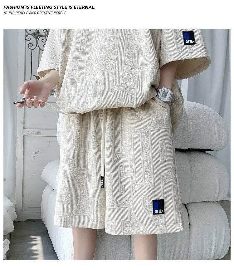 2025 3D Men's new Waffle TZ30 Summer Suit Casual T-shirt + Shorts Suit Men's Tracksuit Solid color tracksuit loose suit - AIAZ