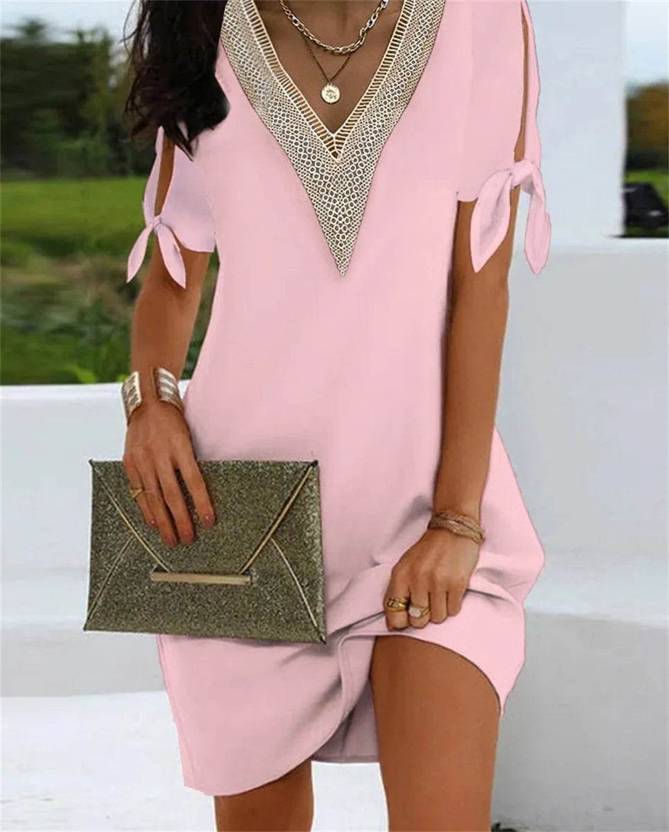 Elegant Dresses For Women V Neck Off Shoulder Patchwork Design Casual Office Lady Mini Dress White Loose Beach Holiday Dress y2k - AIAZ