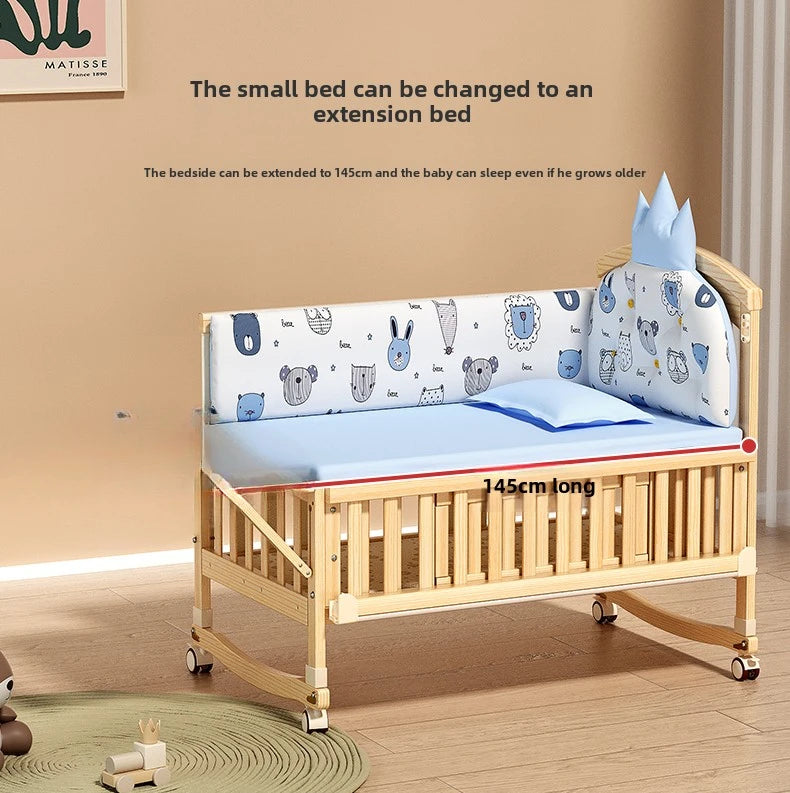 Crib Solid wood newborn baby cradle Multifunctional paint-free movable children's splicing bed air mattress 103 cm long