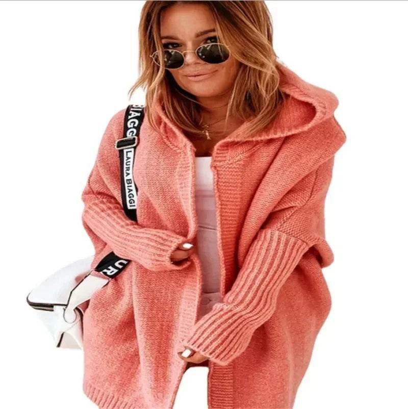 Women's Long Hooded Knitted Cardigan Sweater Warm Winter Overcoat Loose Fit Ladies Jumper Coat Knitwear Comfortable Knit - AIAZ
