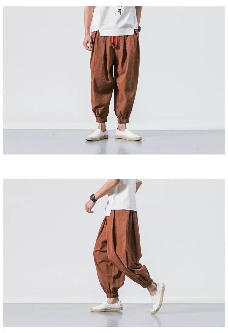 New Trendy Men Harem Pants Loose Oversized Style Cotton and Linen High Quality Jogger Sweatpants Casual Male Trousers - AIAZ
