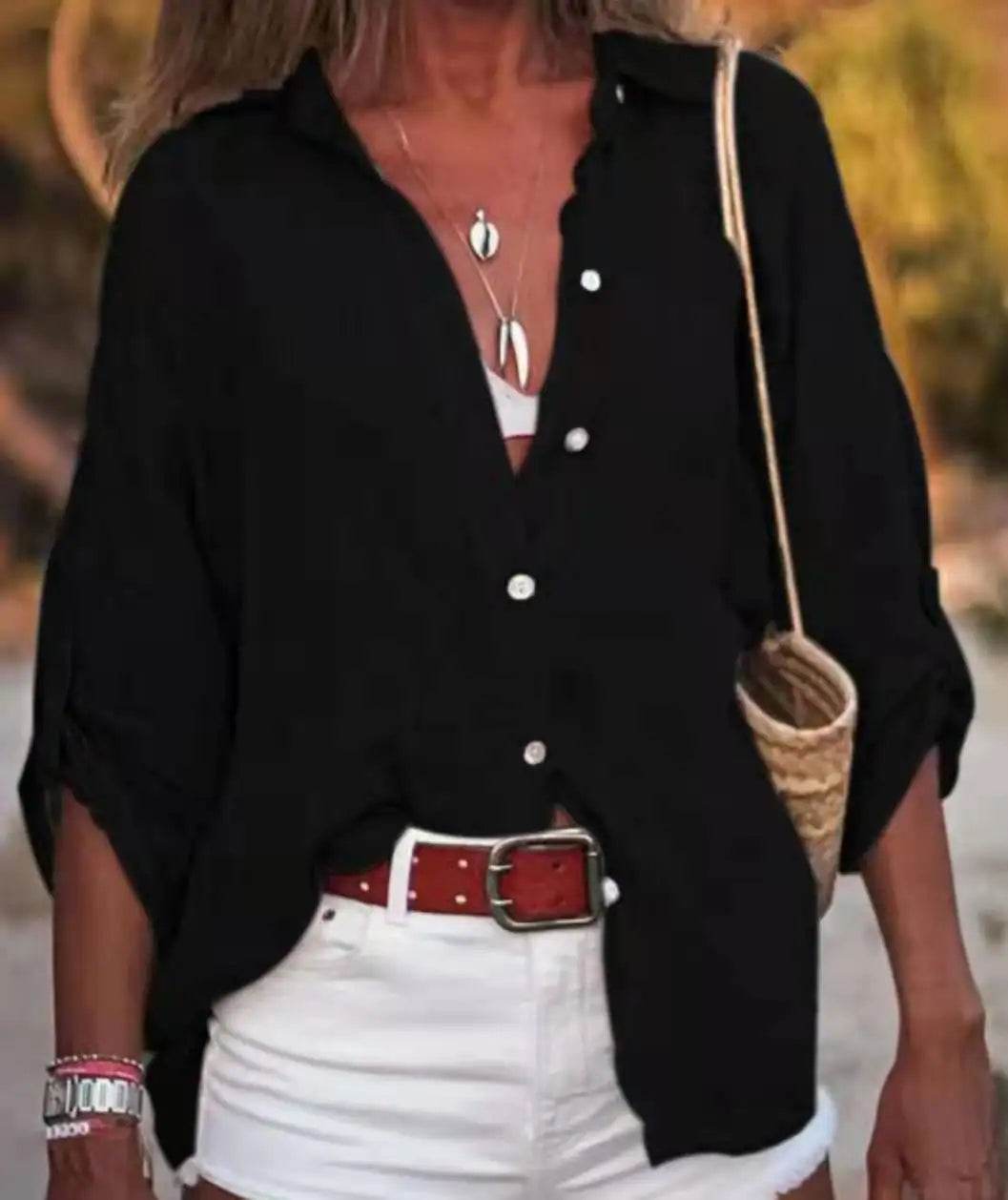 Women Cotton Linen Blouse Shirt Summer Female Turn Down Collar Three Quarter Loose Blouse Tops Woman shirts & blouses - AIAZ