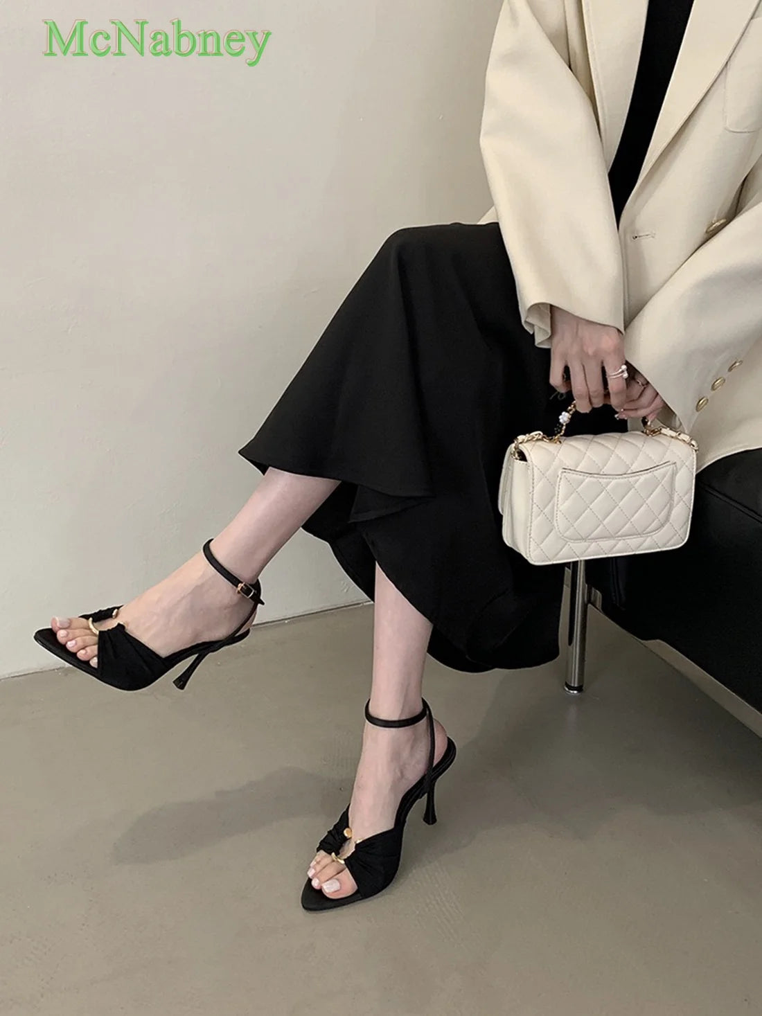 Brown Satin Pointed Toe Women Sandals Ankle Strap Buckle Thin High Heels Summer Stilettos Slingback Mules Women New Arrival 2025