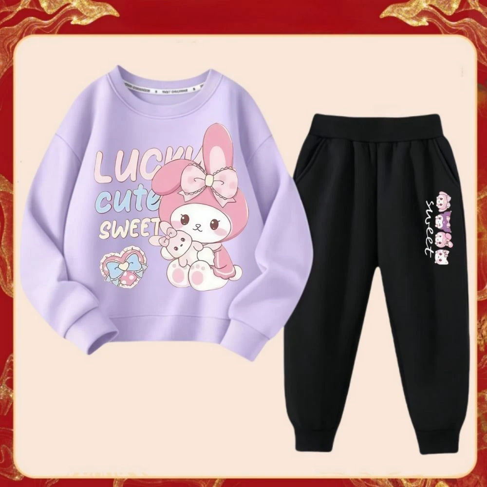 Spring Autumn Children's Sanrio Melody Print Clothes Sets Kids Kawaii Sweatershirts Pullover Tops & Pants 2Pcs Outfit Tracksuit