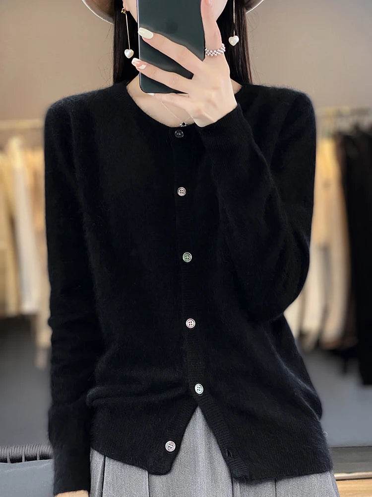 Women's Cardigan 100% Mink Cashmere Sweater,O-Neck Long Sleeve Top,Plus-Size Loose,Spring and Autumn Soft Knitted Jacket Female - AIAZ