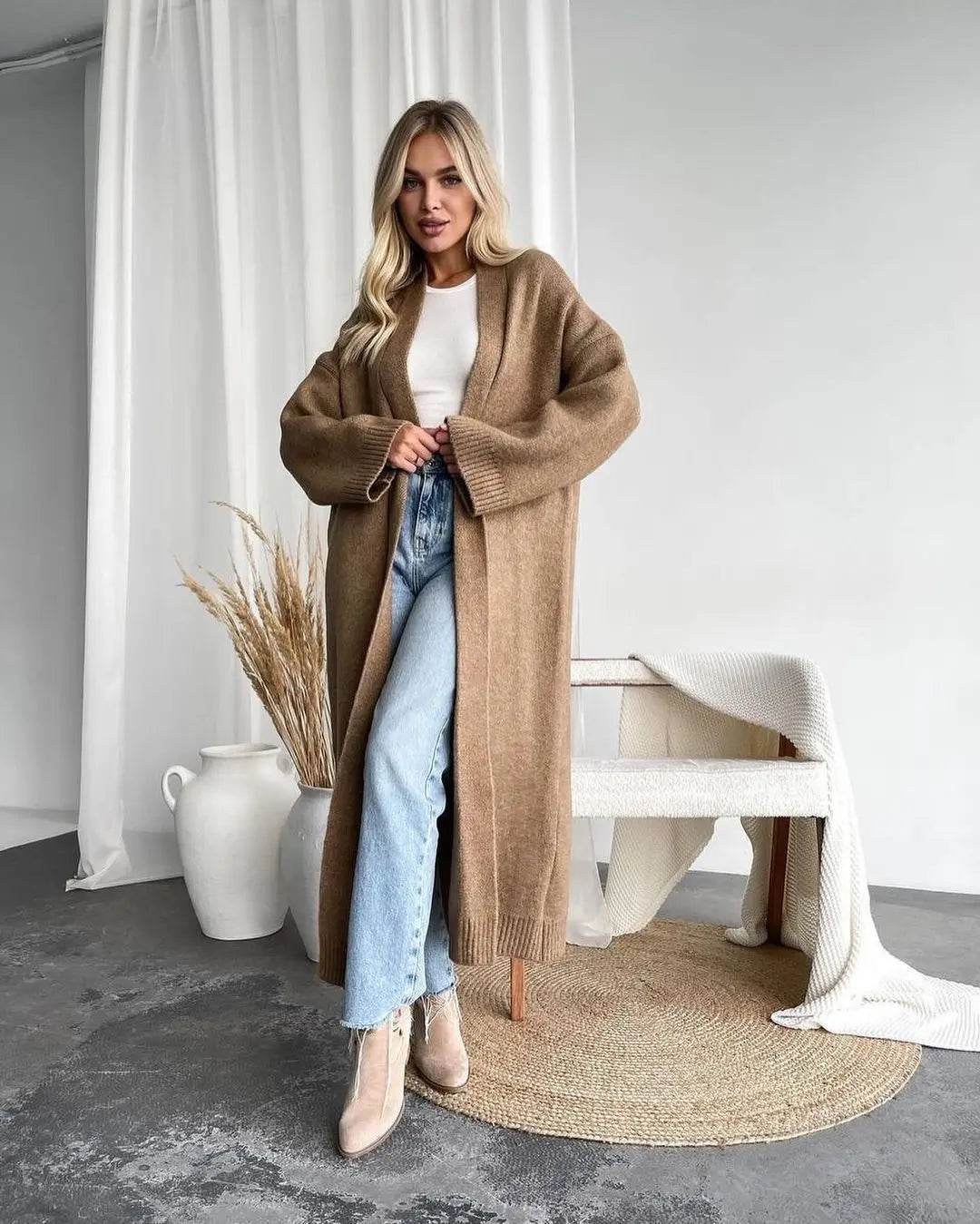Women's Cardigan Wool Jacket Loose Retro Temperament Elegant Solid Color Collarless Knitted Long Sleeved Cardigan Jacket - AIAZ